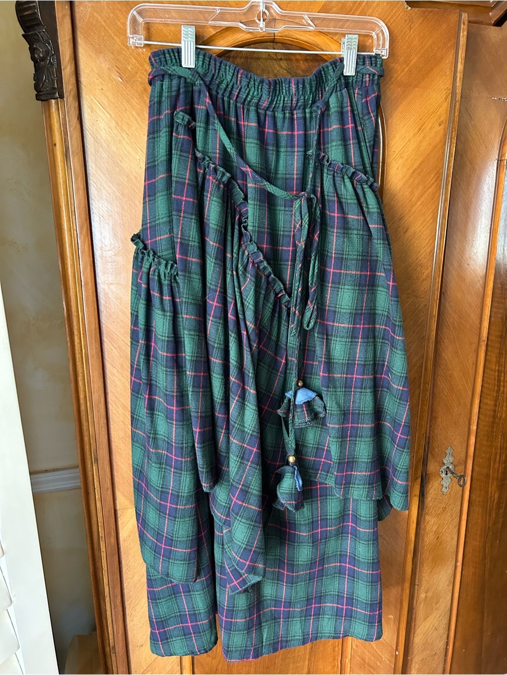 Flannel Green Plaid Tiered Midi Skirt -front tassels.
